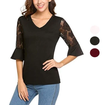 

Newly Women Lace 3/4 Sleeves Patchwork V Neck Chiffon Slim Fit Tees Tops DO99