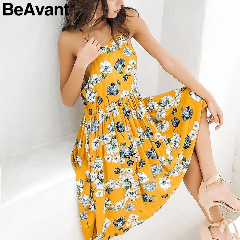 

BeAvant Halter floral print mini summer dress women Hollow out sexy boho dress Spring casual beach short dress female vestidos