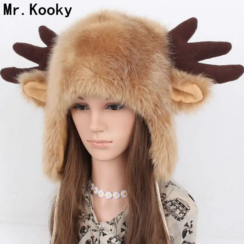 Goede Mr. maffe Vrouwen Meisjes Herfst Winter Faux Fur Warm Hoeden Mutsen Leuke Herten Gewei Cap Ox Hoorn Dier Cartoon Gorras Kerst gift
