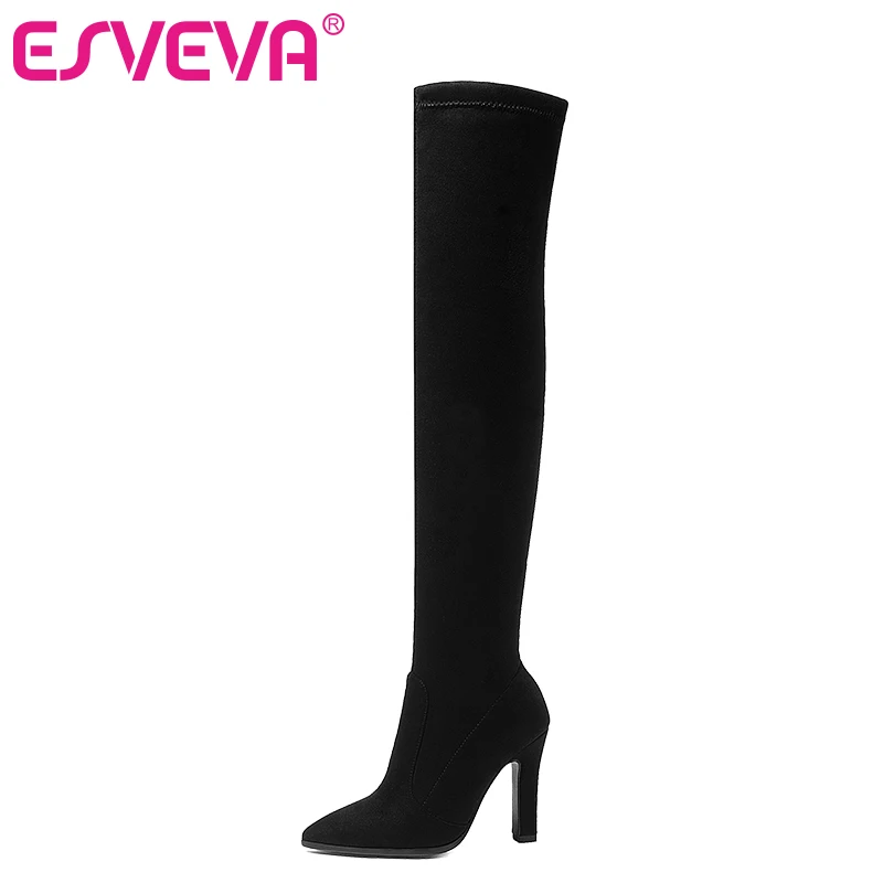 Vente ESVEVA 2019 Femmes Bottes Tissus Extensibles Sur Le Genou Bottes Bout Pointu Automne Chaussures Talons Hauts Dames Bottes Taille 34 43