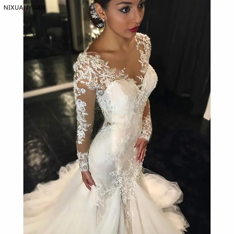 

Women's Luxury Scoop Mermaid Wedding Dress White Long Sleeves Wedding Gown Lace Illusion vestido de noiva 2020