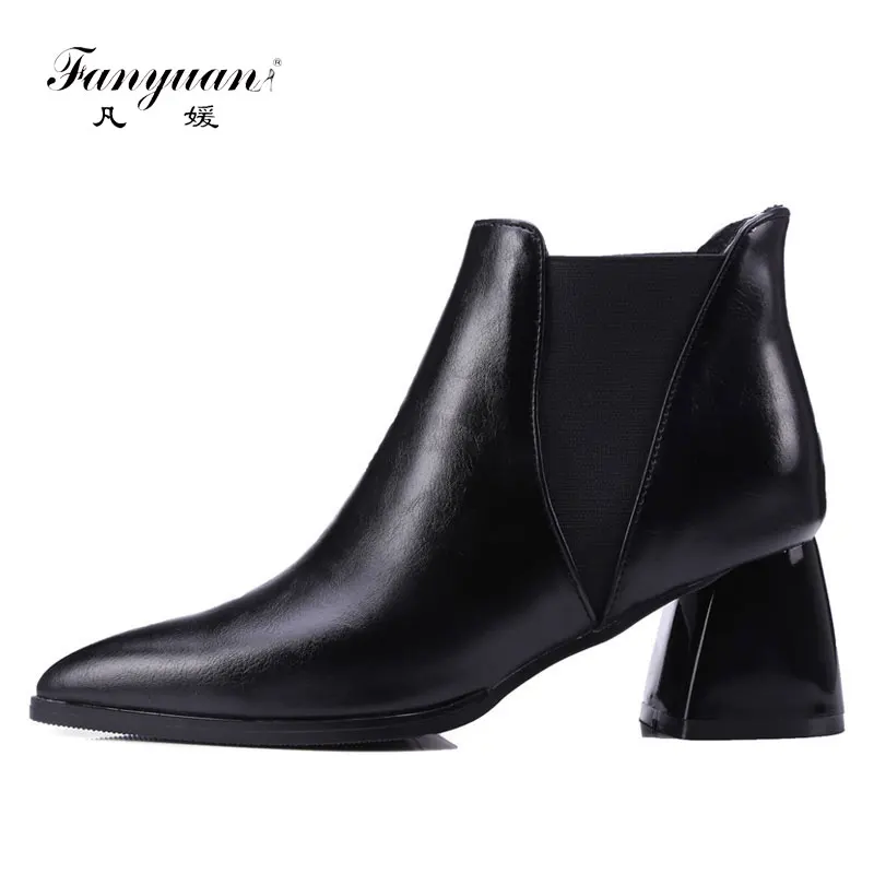 

fanyuan Women Square Heel Ankle Boots Woman Sexy Pointed Toe Mixed Color Elastic Brand Square Heels Woman Motorcycle Boots