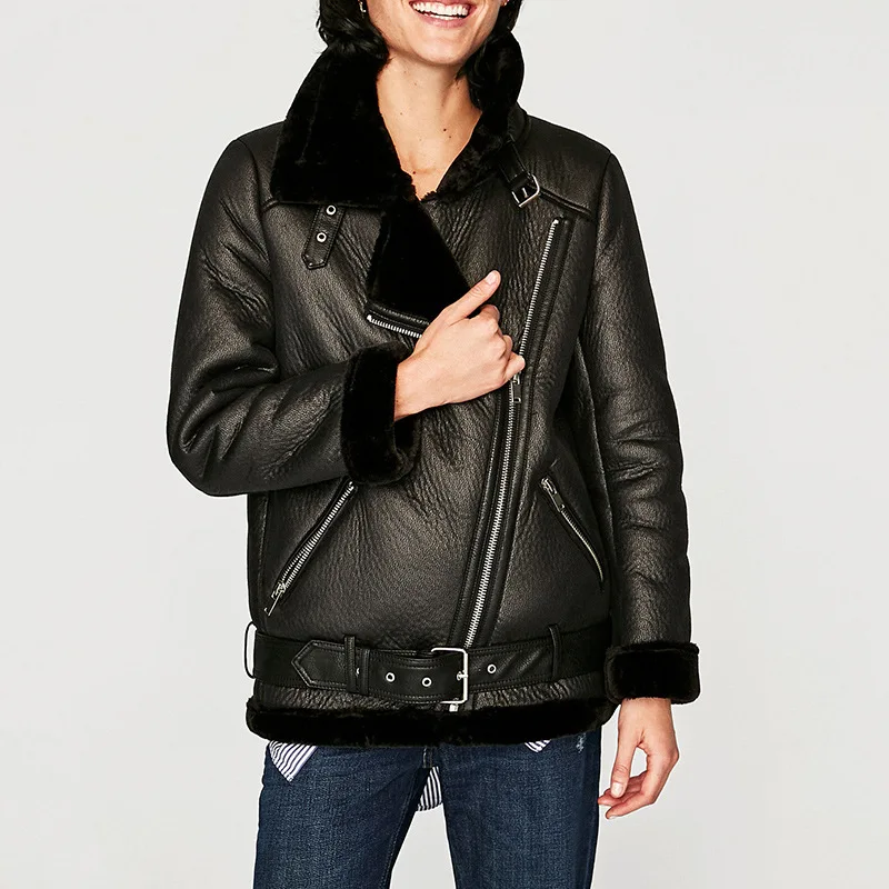 KENNTRICE Vintage Faux Women Leather Jacket Winter Thick Leather Black Coat Women Faux Sheepskin Ladies Jacket