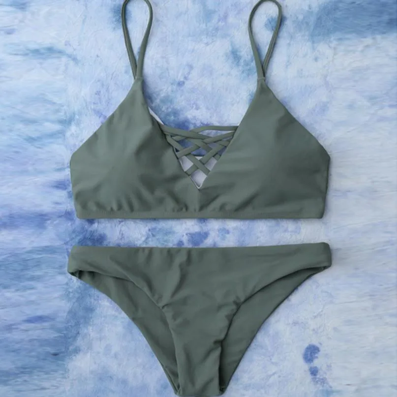 

2019 Sexy Low Waist Swimwear Women Bikini Set Thong Bandage Push-Up Swimsuit Women Halter Bathing Beachwear Maillot De Bain#w