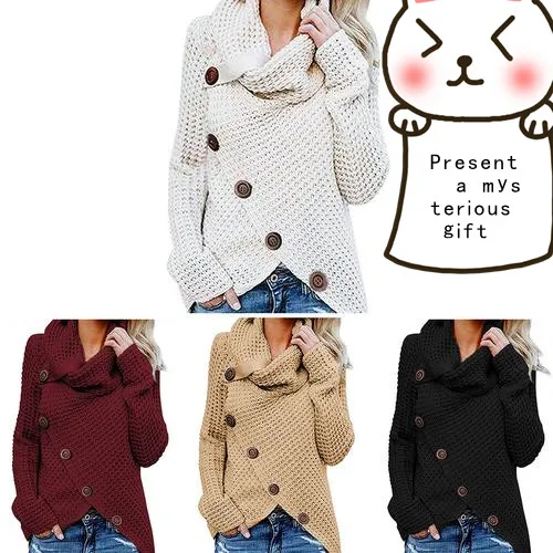 

Women Plus Size Pullover Turtleneck Sweater black knitSweaters Long Sleeve Warm Loose Wrap Asymmetric Button Casual Tops