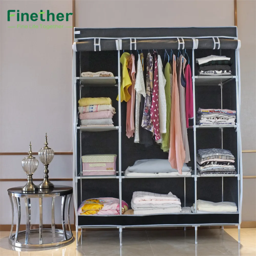 

Finether Unique Design Double Modular Metal Framed Non-Woven Fabric Wardrobe Storage box Organizer Storage Black Organizador