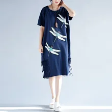 

2017 Summer Loose short-sleeved Dragonfly Embroidery Large Size women's Dress GM027