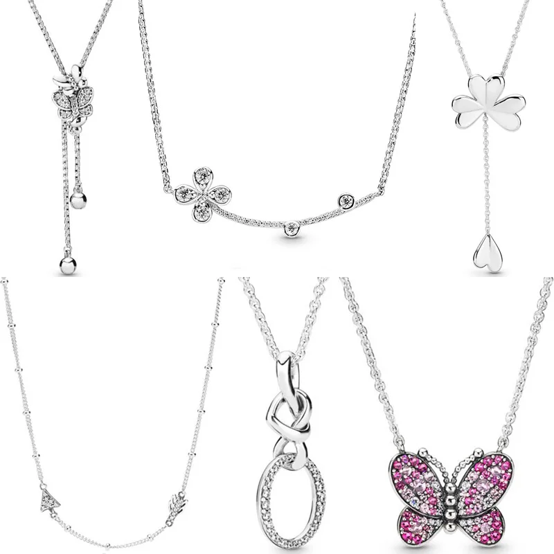 

Knotted Heart Lucky Four-leaf Clover Dazzling & Dancing Butterflies Necklace For Women Gift Pandora Jewelry 925 Sterling Silver