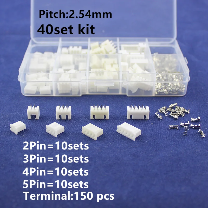 

40 sets Kit in box 2p 3p 4p 5 pin 2.54mm Pitch Terminal / Housing / Pin Header Connector Wire Connectors Adaptor XH Kits