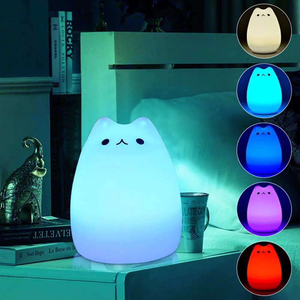 Премиум 7 цветов кошка светодиодный USB дети животное ночник силиконовый мягкий мультфильм детская лампа дыхательный светодиодный ночник