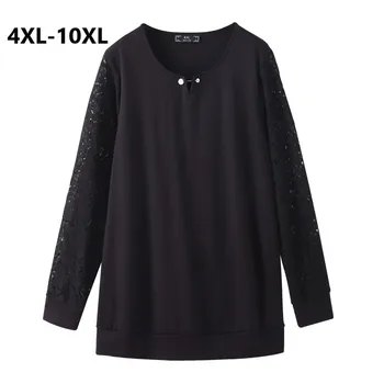 

Plus Size 10XL 8XL 6XL 4XL Women Spring Tshirts Long Sleeve Black Lace Patchwork Sliming Shirt Big Size Shirt Femininas