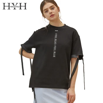 

HYH HAOYIHUI Women Casual Loose Vertical Letters Lace Up Tops T Shirt Preppy Street O Neck Half Sleeve Split Side Tees