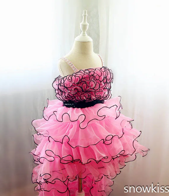Hi-lo rose Pink Flower Girl Dresses ruffles Toddler birthday frocks Tiered And Beads Baby Easter Pageant Dress