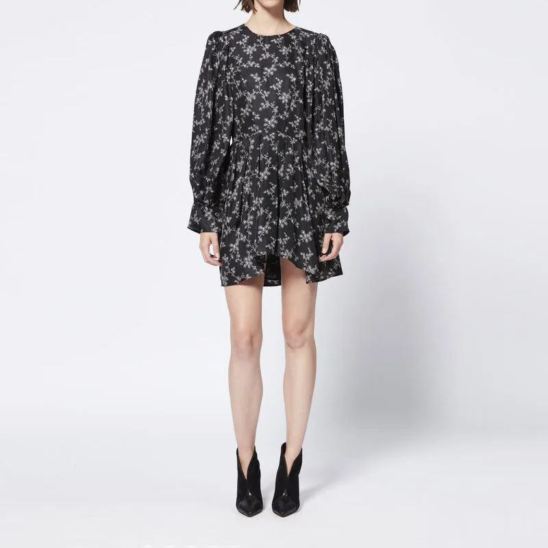 

2019 New Black Women Mini Dress Lantern Long sleeve Black printed Dresses Ladies French Retro style