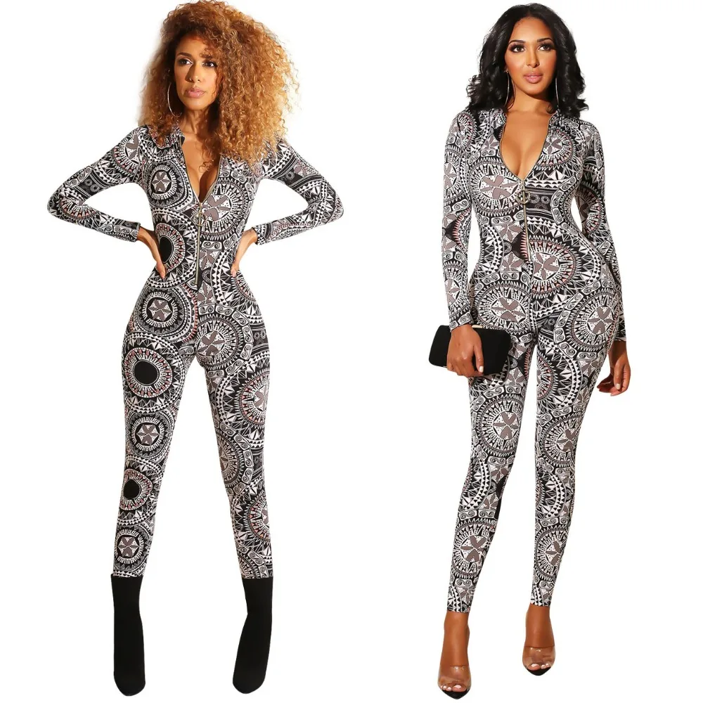 

Autumn Winter Print Bodycon Sexy Party Romper Front Zipper Turn Down Collar Full Sleeve Women Catsuit Skinny Playsuit Overalls