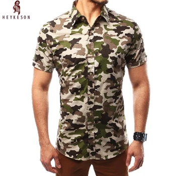 

HEYKESON Men Short Sleeve Shirt Male Shirts Camouflage Shirt Dress Shirts Hawaiian Camisa Social Masculina 4XL
