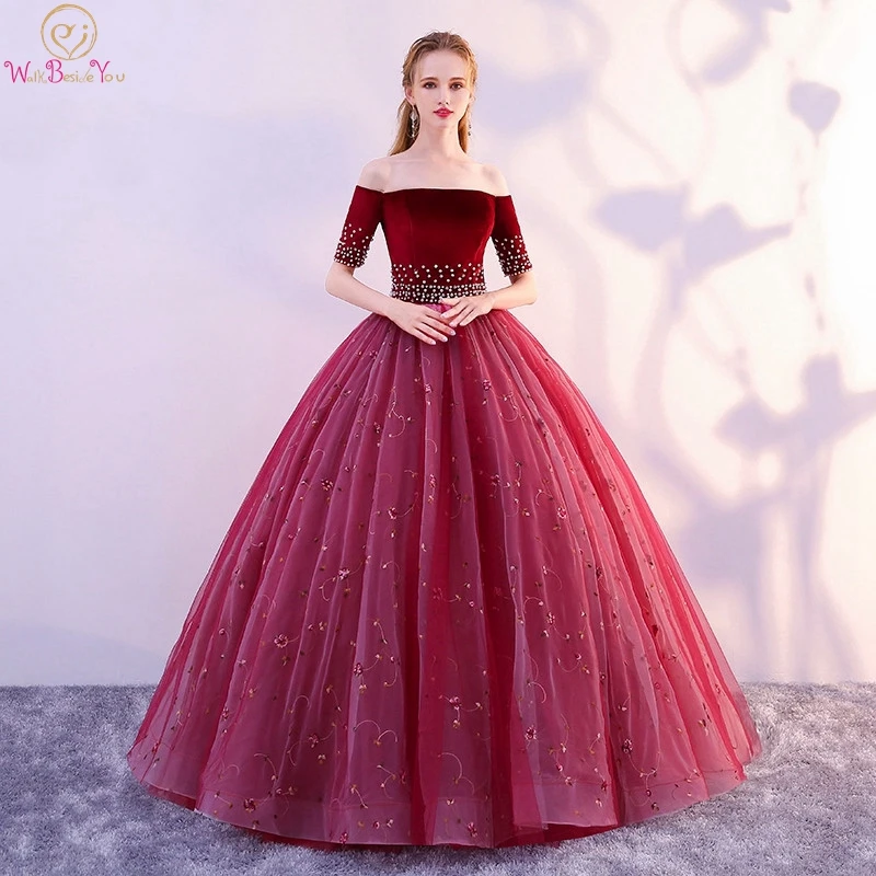

Wine Red Quinceanera Dress 2019 Strapless Short Sleeve Floor Length Tulle Ball Gown Pearls Crystals Off Shoulder Graduation Gown