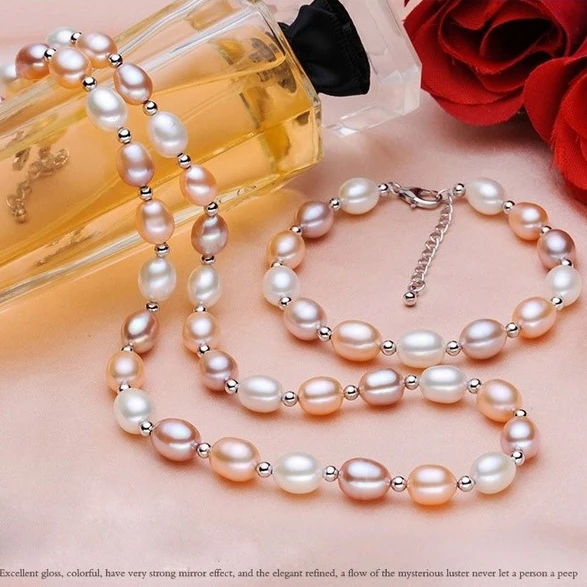 

Three colors Luxury Pearl Necklace Set Natural Pearl Bracelet and Necklace Rice-shape Freshwater pearl Wedding Jewelry sets