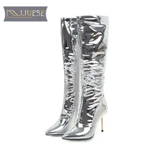 MLJUESE/; женские сапоги до колена; теплые зимние сапоги с острым носком; Короткие Плюшевые высокие сапоги на молнии серебристого цвета; размеры 34-43