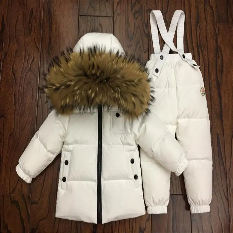 

2018 winter down jacket parka for girls boys Russian Suits Boys Girl Duck Down Jacket+overalls 2 Pcs Clothing Set Kids Snow Wear