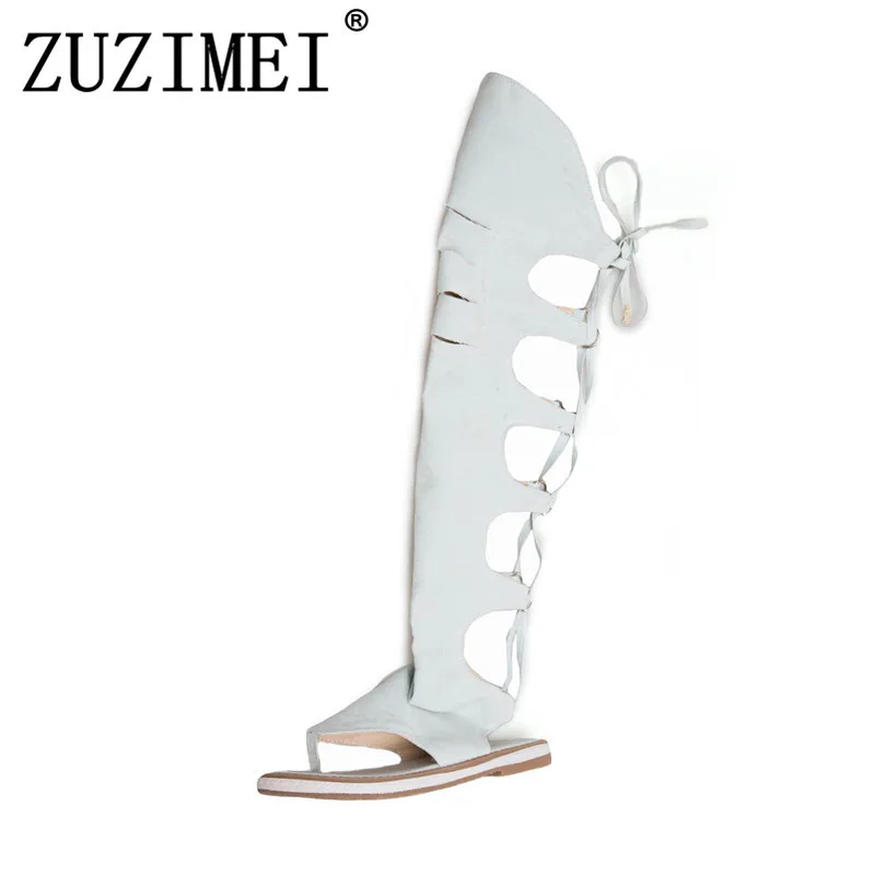 

New Fashion Denim Summer Boots Over The Knee Women Open Toe Flat Heels Lace Up Street Style Shoes Summer Plus Size 34-43