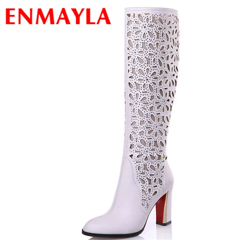 

Airfour New Mid-calf Boots Shoes Woman 2 Colros White Shoes Woman High Heels Cut-outs Zippers Summer Boots Brand Women Shoes