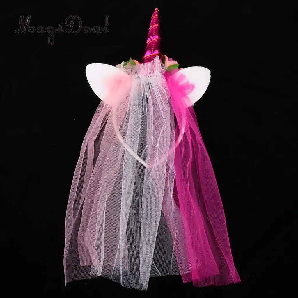 MagiDeal Unicorn Rose Flower Veil Headband Costume Cosplay Party Fancy Dress for Birthday Baby Shower Christmas Halloween Decor