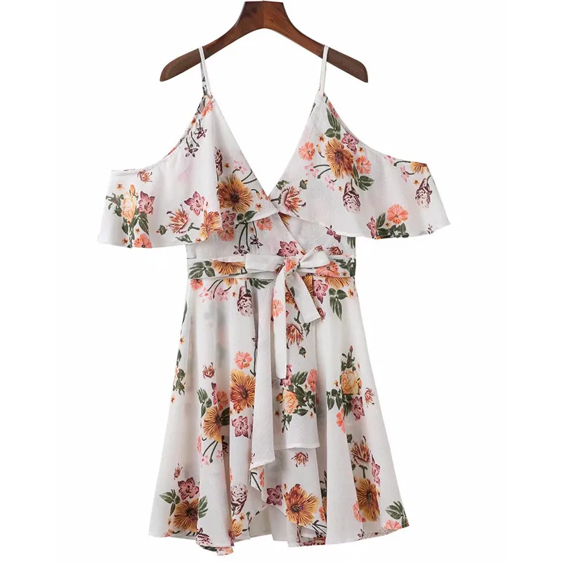 yinlinhe White Floral Women Dress Short Sleeve V neck Sexy Cold Shoulder Summer Dress Backless Irregular Elegant Vestidos 6