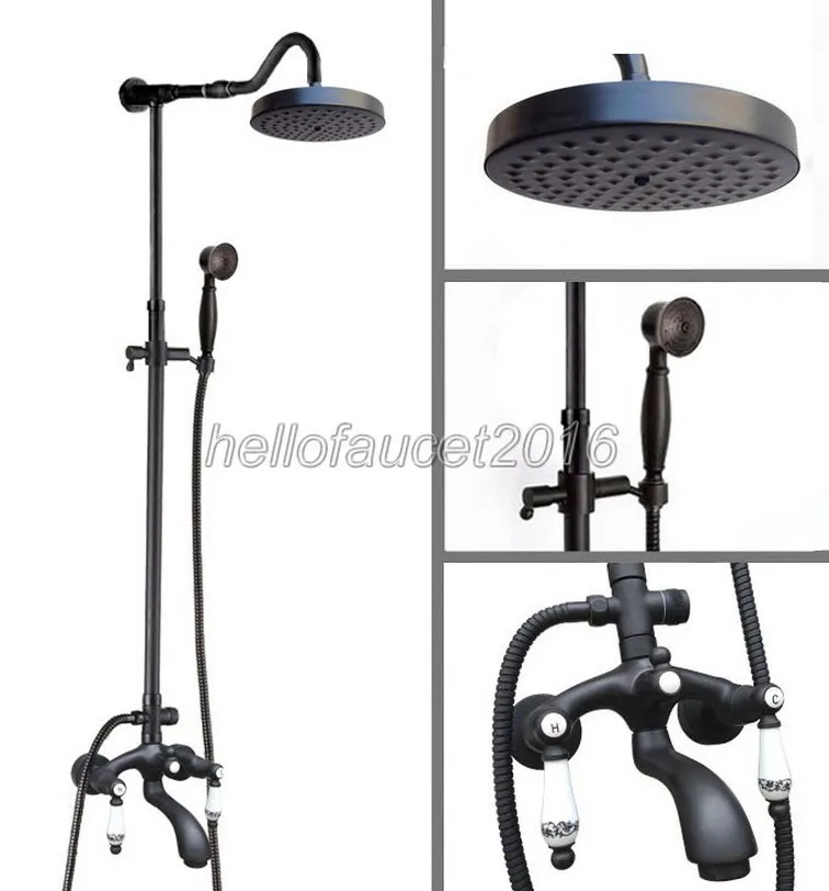 

Dual Ceramic Handle Bathroom Rain Shower Faucet Set Black Oil Rubbed Bronze Wall Mounted Bathtub Mixer Taps lhg637