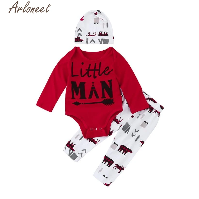 

ARLONEET 3Pcs New born Infant Baby Boy Clothes Set Letter Romper+Pants+Hat Outfits