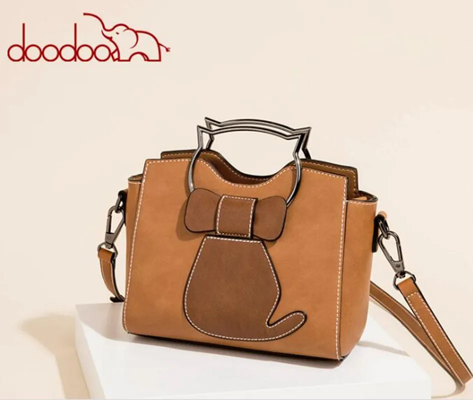 DOODOO Cute Bag Pu Leather Cat Tote Handbag Messenger Bags Women Shoulder Bags Crossbody Chains feminina bolsas FR577