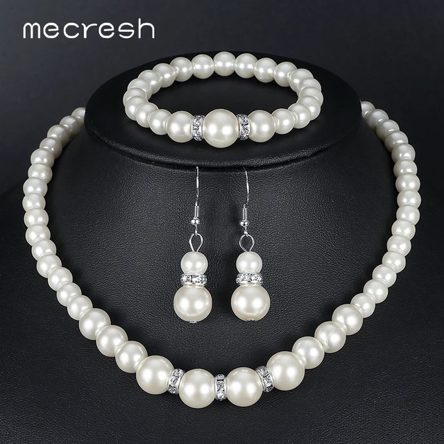 Mecresh Simulated Pearl Bridal Jewelry Sets Silver Color Prom Mecresh Simulated Pearl Bridal Jewelry Sets Silver Color Prom Necklace Earrings Bracelet Wedding Accessories