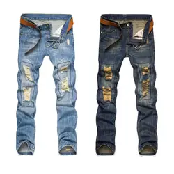 Дизайнер Рваные джинсы Для мужчин 2016 сплошной цвет размер 28-38 Хорошее качество байкерские джинсы