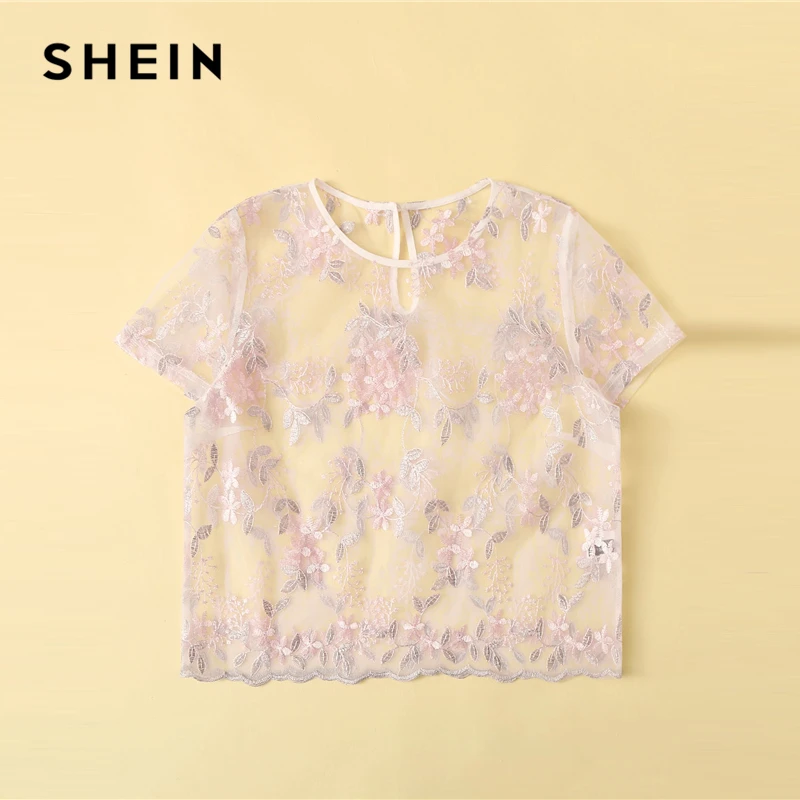 SHEIN, сексуальный розовый топ с цветочной вышивкой, сетчатый топ, блузка, женская летняя блузка с круглым вырезом на спине, с коротким рукавом, милые блузки
