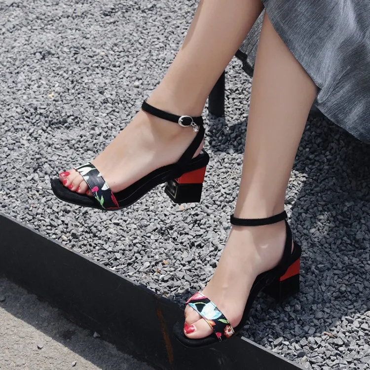 

Big Size 9 10 11 12 13 14 15 16 high heels sandals women shoes woman summer ladies Printed buckled sandals with thick heels