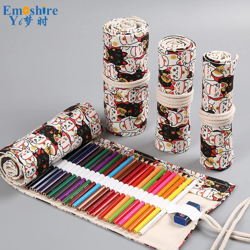 Emoshire Lucky cat print handmade canvas art curtain 36 48 72 hole large capacity pencil pen color lead sketch stationery bag (1)