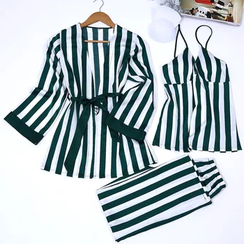 

2019 spring new design four pieces satin pajamas sets bathrobe + bras + tops + pants luxury female sexy nighties striped sets