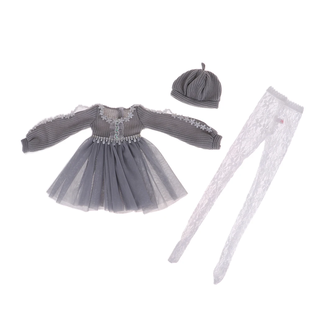 Fashion Sweater Gauzy Coat Dress with Beret Lace Stockings Hat Leggings Suits for 1/3 BJD 60cm Dolls Accs Gray