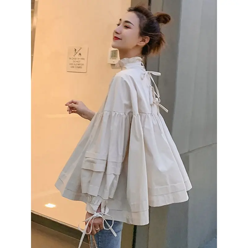 Осенне-осенняя женская блузка для девочек с лепестками на шее, а-образные верхушки Babydoll, элегантная блуза с длинными рукавами на шнуровке в японском стиле, милая блузка для девочек