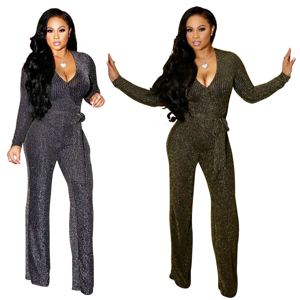 

Women's Fashion Gold and Silver Long-sleeved V-neck Jumpsuit with Belt