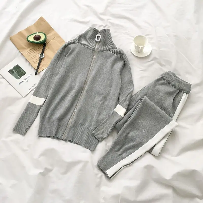 

Women 's Knitting Tracksuits Turtleneck Zipper Knit Jacket Coat and Pocket Pencil Pants Set Sweater Two Piece Sets for Woman