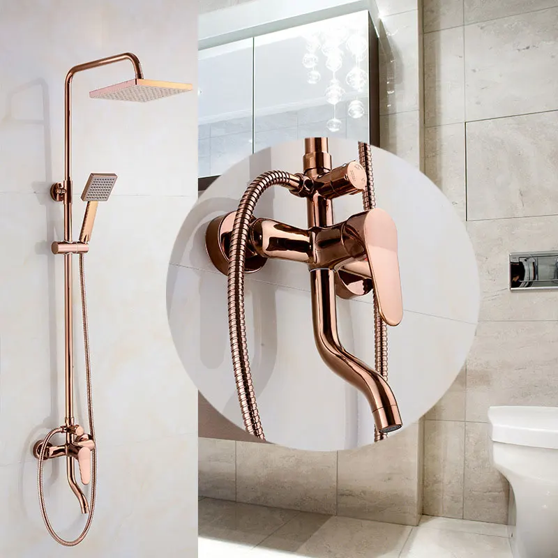 

Bathroom rose gold shower set wall mounted 8" rainfall shower mixer taps faucet 3 functions mixer valve square head 062