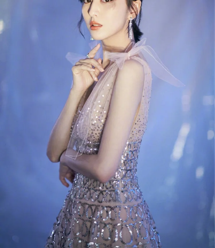 Limiguyue, высококачественное дизайнерское подиумное платье знаменитостей, vestidos, женское розовое платье с v-образным вырезом и пайетками, Сетчатое бальное платье с вышивкой, T560