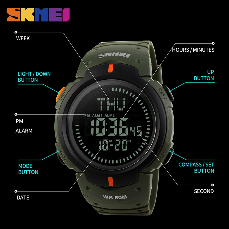 Skmei открытый мужчины компас спортивные часы походы светодиодные электронные цифровые часы человек хронограф наручные часы Relogio masculino 1231