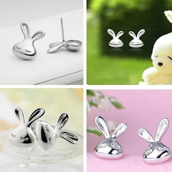 Cute Rabbit Stud Earrings For Women Silver Color Ear Jewelry Lovely Animal Bunny Stud Earrings Birthday Gift Wholesale 4ED253