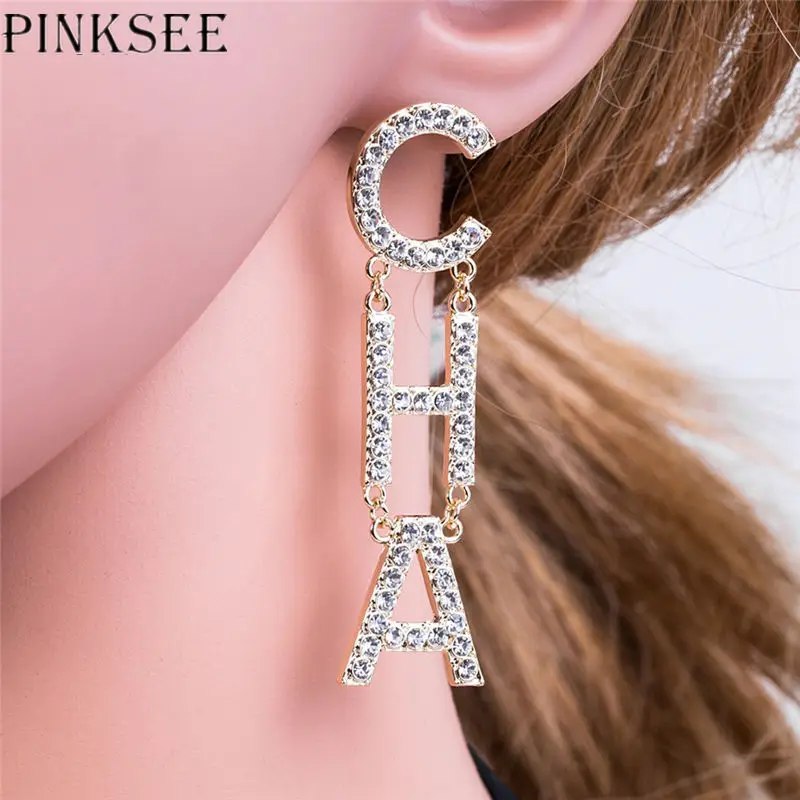 

PINKSEE Personality Simple Rhinestone Stitching Letters Drop Earrings Exaggerated Long Dangle Temperament Earrings for Women