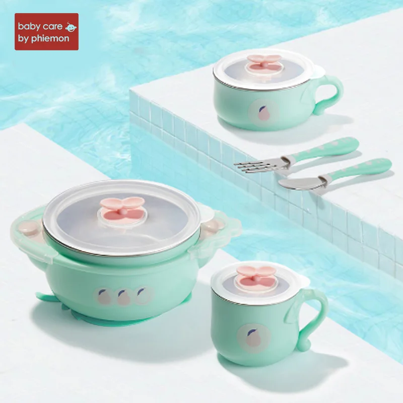 

BabyCare 5Pcs/ Set Baby Silicone Stainless Steel Tableware Feeding Dish Kids Sucker Spoon Fork Cup Baby Food Training Container