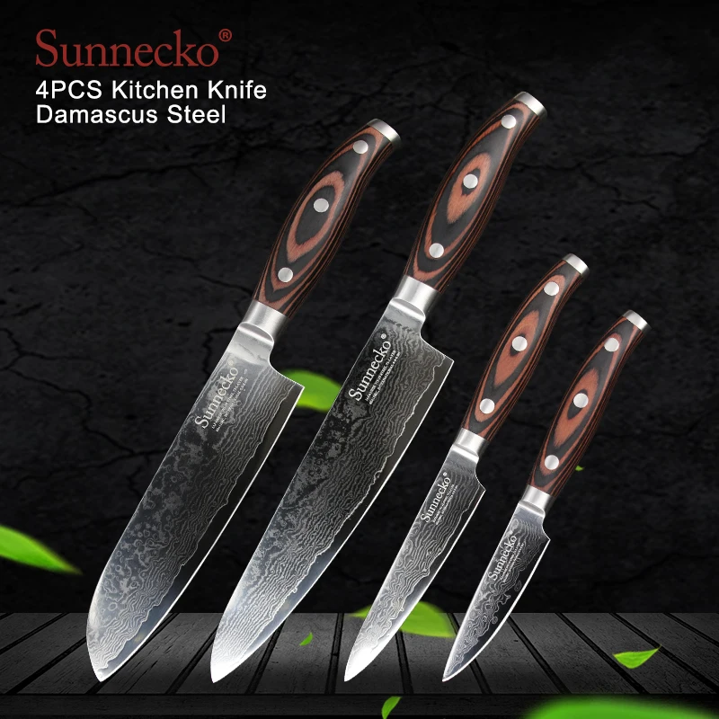 SUNNECKO 4 шт Кухня Ножи комплект Дамаск японский VG10 Сталь лезвие резака деревянной