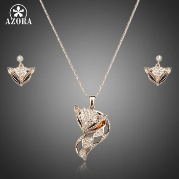 

AZORA My Fox Lady Rose Gold Color Austrian Rhinestone Paved Fox Pendant Necklace and Earring Set TG0074
