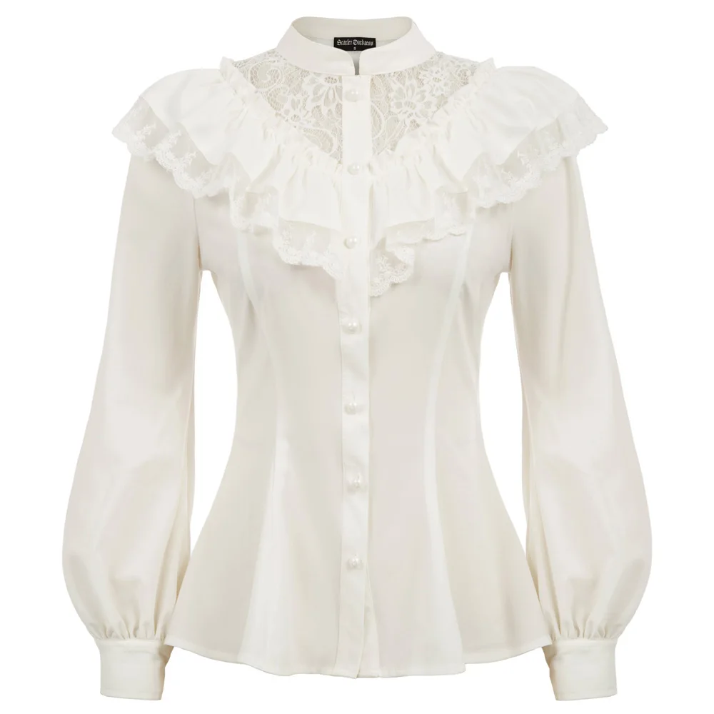 

Women's Renaissance shirt Long Sleeve Stand Collar Ruffle Decorated lace buttons party blouse retro ladies vintage Shirt Tops